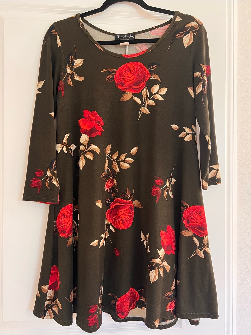 French Atmosphere Olive & Red Rose Floral Flare Knit Dress - 3/4 Sleeve